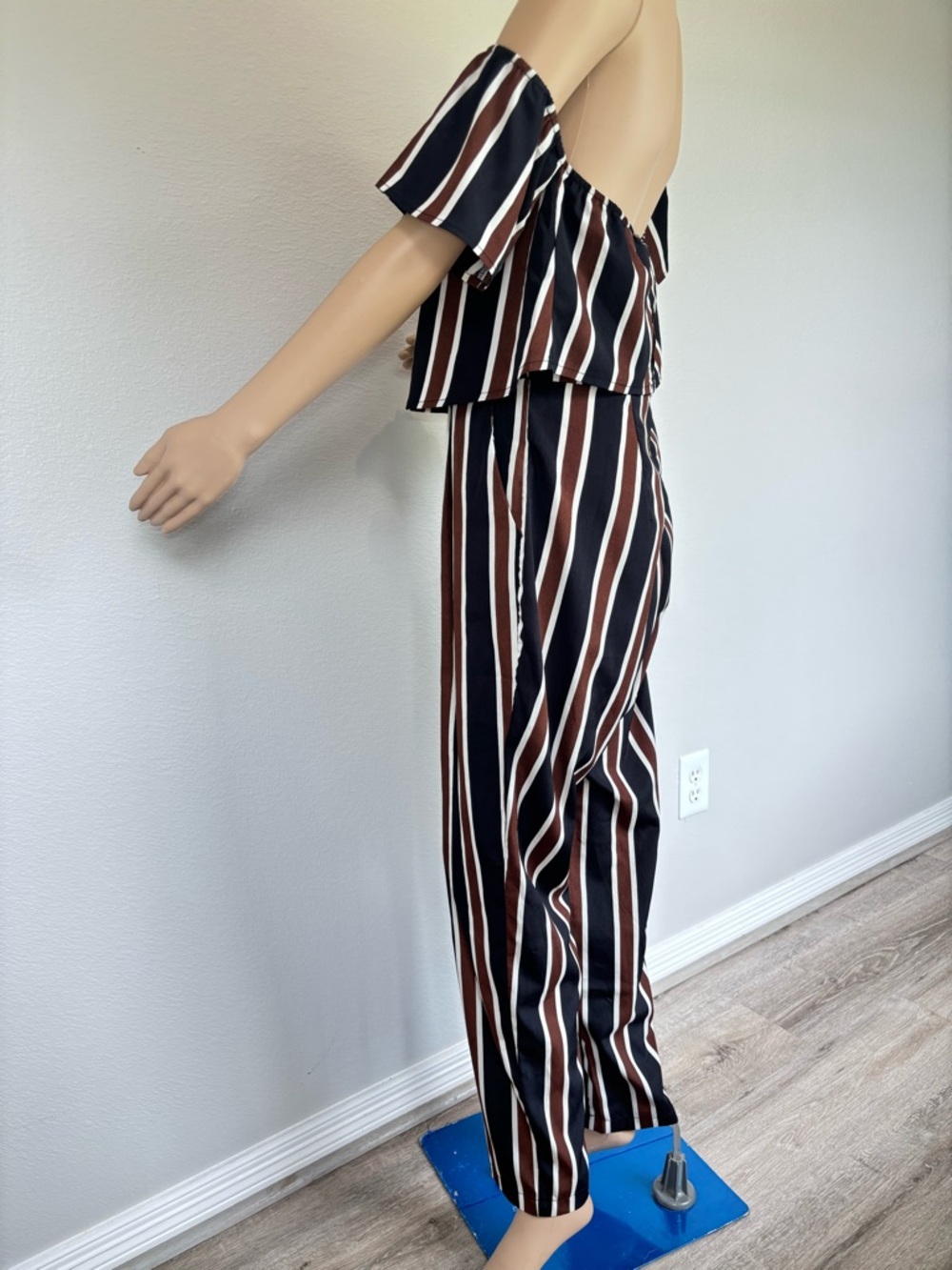 SHEIN Off-Shoulder Striped Jumpsuit in Black White & Brown - Picture 4 of 16